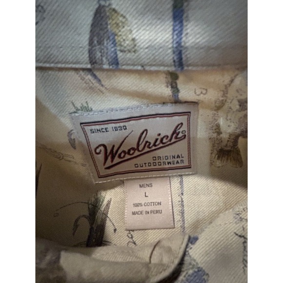 Woolrich Shirt Mens LGE Beige Fishing Print Short‎ Sleeve Button Down Outdoor - Picture 2 of 8